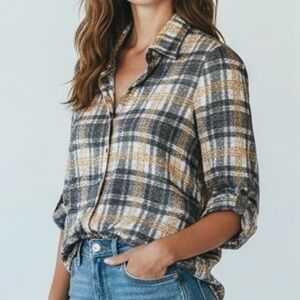 David Cline Medium Plaid Snap Front Roll Tab Sleeve Shirt